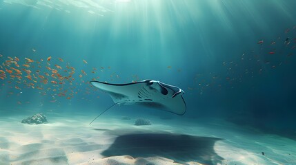 Naklejka premium Peaceful Manta Ray Gliding Over Sandy Ocean Floor with Vibrant Fish School