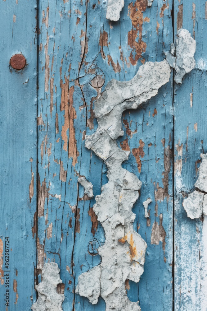 Poster weathered wooden surface with blue white paint showing signs of rust cracks and crevices. old worn-o