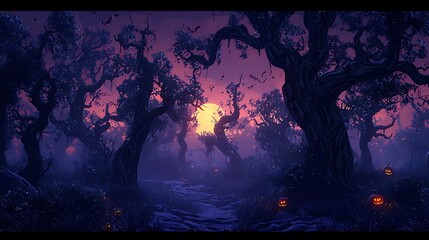 Fototapeta premium Jack-o-lanterns and bats light the way down a dusky Halloween forest path.