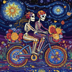 Skeletal couple riding tandem bicycle adorned with flowers - Floral Shadows Days Of The Dead - Vibrant and Symbolic Illustrations
