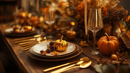 Obraz premium Thanksgiving dinner table with pumpkins, golden cutlery, rich brown and gold yellow colours. Luxury. Generative AI