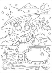 potion kawaii witch halloween coloring book page