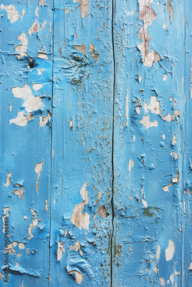 Poster weathered blue wooden surface with peeling paint shows wood grain. close-up view of worn out paint i