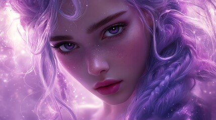 Fototapeta premium A close-up portrait of a young woman with purple hair and sparkling eyes.