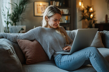 Woman experiencing back pain while using a laptop on the sofa, depicting discomfort, poor posture, and health issues. Ideal for concepts related to work, health, and ergonomics.