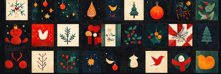 Flat lay of a Christmas quilt pattern, with each square featuring a different festive motif