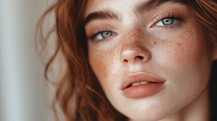 Close up portrait of a woman with freckles and red hair, looking at the camera.