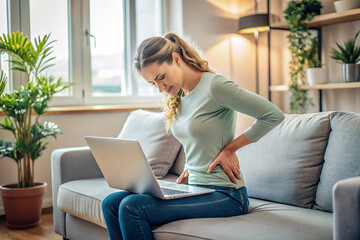 Woman experiencing back pain while using a laptop on the sofa, depicting discomfort, poor posture, and health issues. Ideal for concepts related to work, health, and ergonomics.