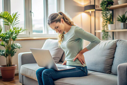 Woman experiencing back pain while using a laptop on the sofa, depicting discomfort, poor posture, and health issues. Ideal for concepts related to work, health, and ergonomics.