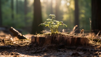 Obraz premium A young tree sprouting from the center of a large, weathered tree stump, freshly cut and abandoned in a forest.