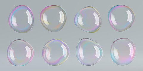 Soap 3d bubble vector background of spheres and circle. Glass foam float on white. Rainbow gradient balls flare, foam air blown. Shiny reflections. Realistic shampoo, purified clean and clear water