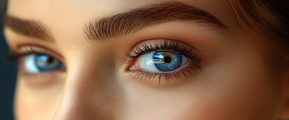 Naklejka premium Close-up of a woman's blue eye with long eyelashes and defined eyebrows.
