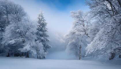 Snow-covered trees with mist