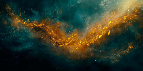 Obraz premium Luxurious golden dust waves with glittering particles.Abstract dust waves with glittering particles . Golden lines with notes.