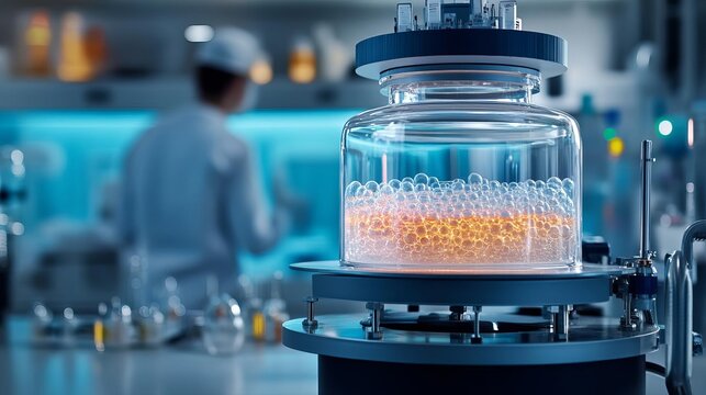 Bioreactor with glowing substances and bubbles, fermenting bio-products, biotechnology