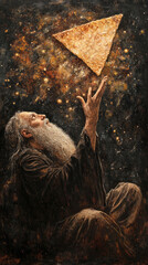 Obraz premium Oil Painting,old man sits and raises his hand to receive a shiny little triangular pie 