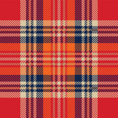 Red, orange and blue tartan plaid. Scottish pattern fabric swatch close-up. 