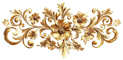 Golden baroque floral ornament with intricate details, cut out