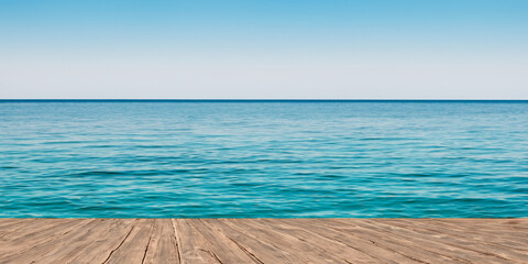 Wooden Deck Overlooking Calm Sea – Water and Horizon Texture Background