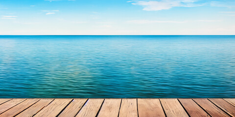 Obraz premium Wooden Deck Overlooking Calm Sea – Water and Horizon Texture Background