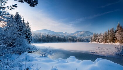 Winter scene with frozen lake