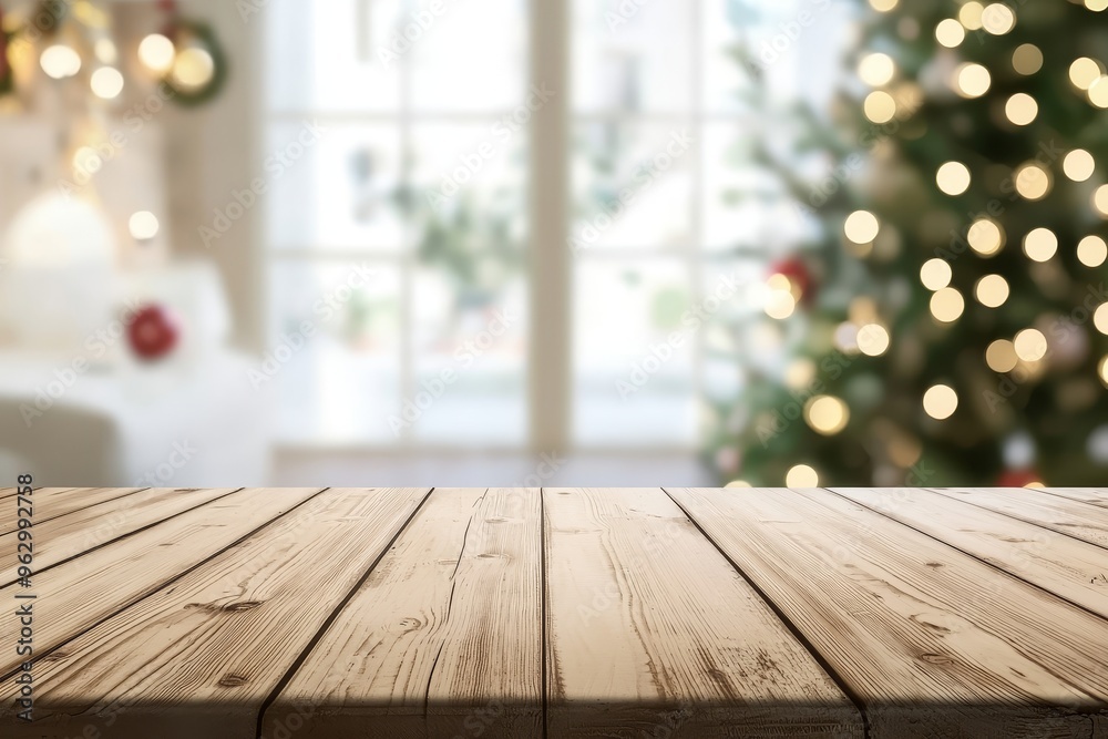 Leinwandbilder a blurred background with a wooden table on it with an empty tray