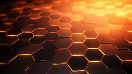 Hexagon background. Close-up surface made up of hexagonal. Honeycomb pattern. Illuminated outlines. Three-dimensional, depth, futuristic, geometric and colorful design. Dynamic lighting with rays.