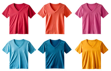 Set of colorful V-neck T-shirts mockups in various shades including red, orange, pink, blue, teal, and yellow – perfect for fashion, casual wear, clothing retail, and apparel design