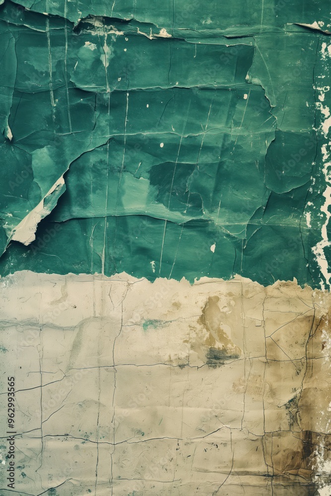 Poster Weathered wall with peeling paint layers, worn out texture, faded colors. Close-up view of distressed surface with chipped edges, suitable for background texture in design projects.