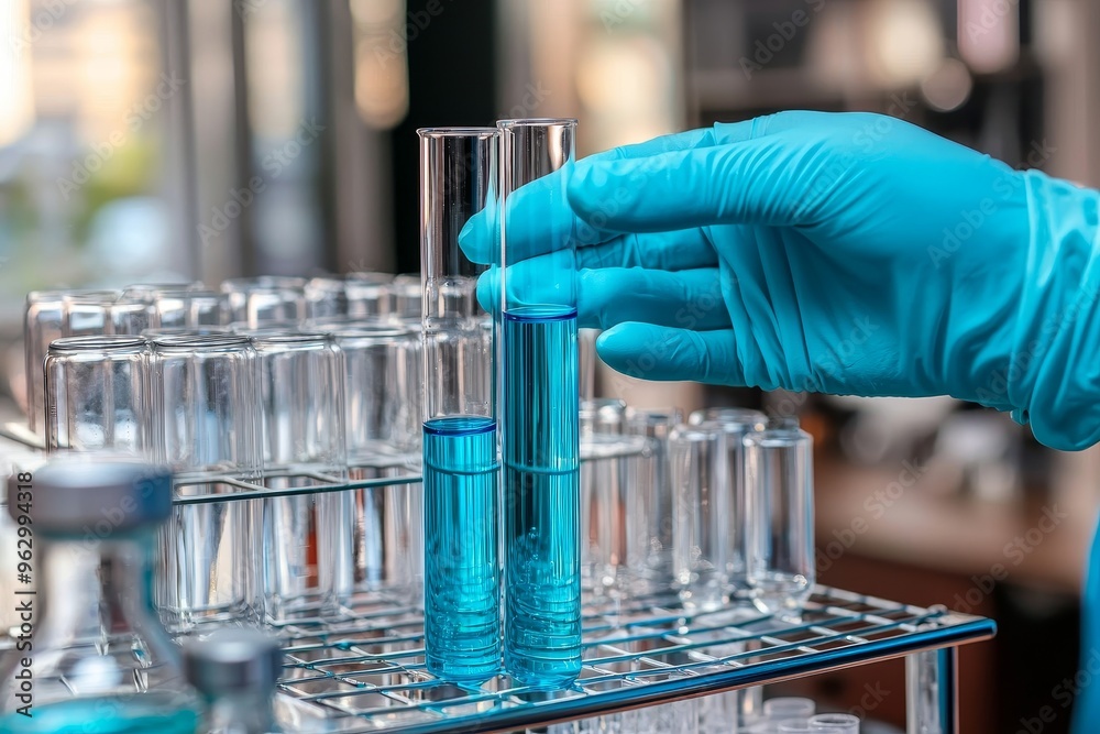 Poster scientific research and development laboratory background, scientist holding flask with lab glasswar