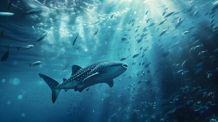Naklejka premium Colossal Whale Shark Gliding Through Serene Ocean Teeming with Marine Life