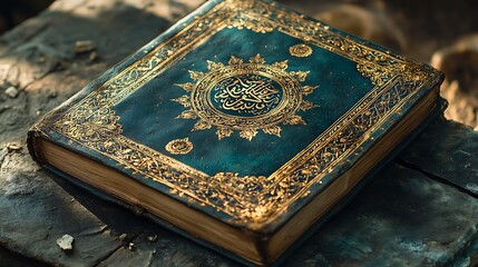 A close-up of a worn, teal-colored Quran with gold leaf lettering and intricate patterns.