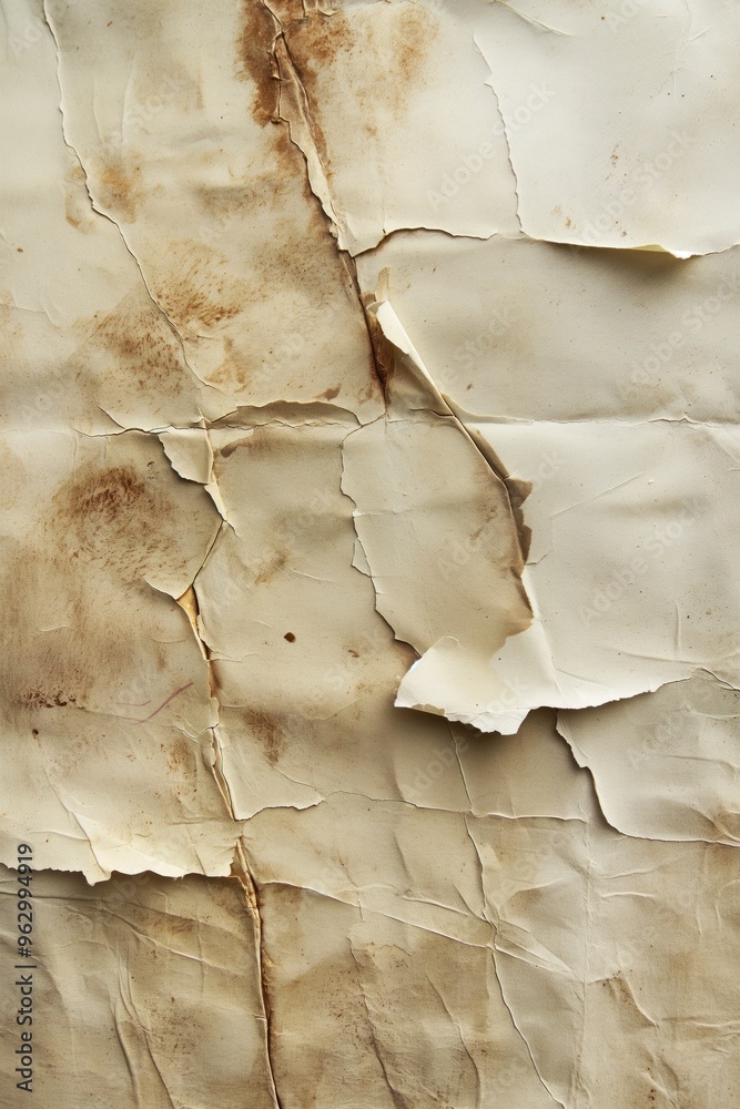 Poster rough textured paper torn and crumpled with stains and tears. weathered paint background adds vintag