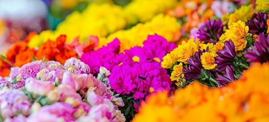 Fototapeta premium Flowers of various types and colors on a colorful background