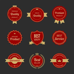 Vector illustration set of high quality labels and badges in red and gold color. Includes premium, certified designs for seals and stamps. Ideal for certification, assurance, and premium tags