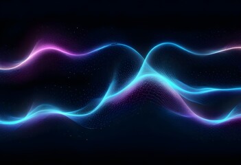 Fototapeta premium Abstract illustration of pink-blue frequency signal waves as particles passing in medium against dark background