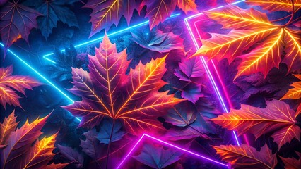 Vibrant neon autumn leaves with glowing neon lights for a modern and artistic background design