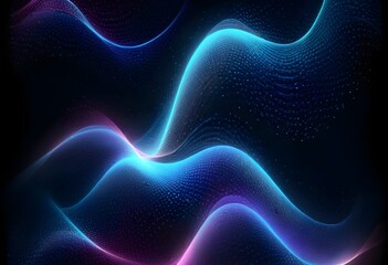 Obraz premium Abstract illustration of pink-blue frequency signal waves as particles passing in medium against dark background