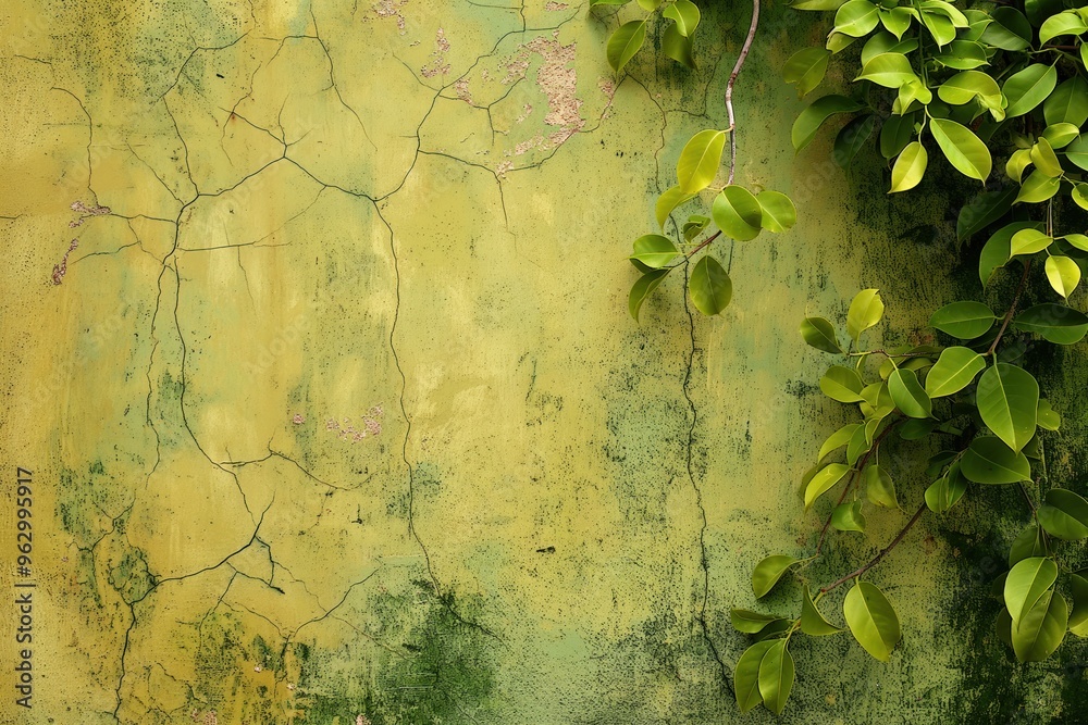 Poster vibrant green wall with ivy growth. rough textured background features spread leaves creating depth,