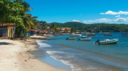 Obraz premium The image depicts a sunny beach with boats moored to the shore in a bay. In the background, green hills and colorful houses along the coastline are visible