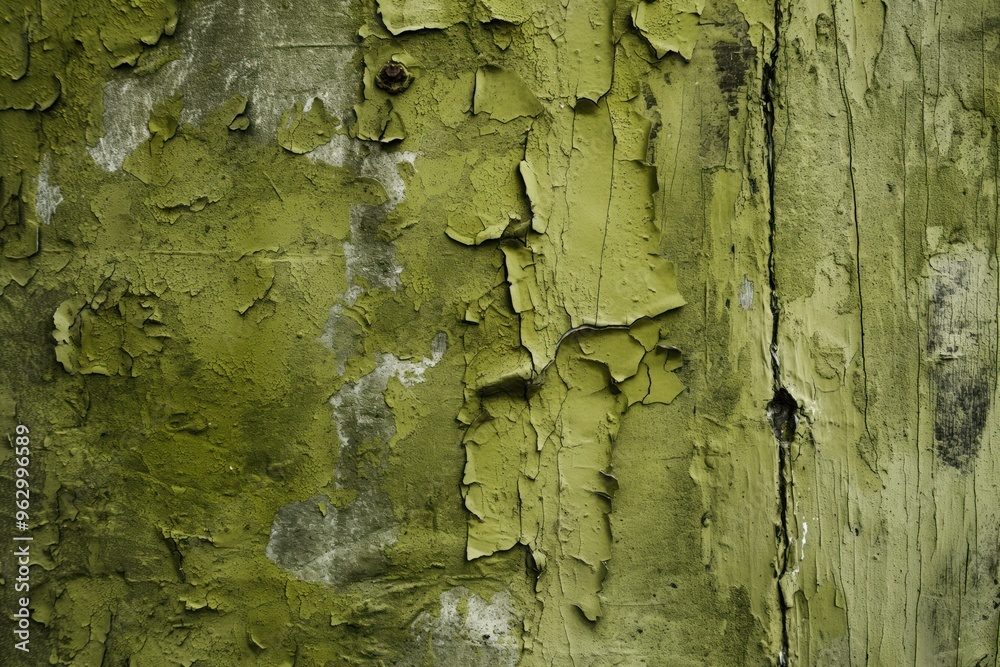 Poster weathered wooden surface with peeling green gray paint, showing cracks and chips. close-up view of w