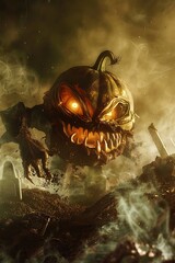 A grotesque pumpkin zombie breaking free from the soil, with jagged teeth and glowing eyes, in a cemetery shrouded in thick, swirling mist.