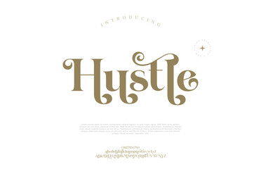 Hustle elegant luxury abstract wedding fashion logo font alphabet. Minimal classic urban fonts for logo, brand etc. Typography typeface uppercase lowercase and number. vector illustration