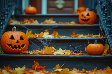Fototapeta premium modern house decorated for halloween with pumpkins and autumn leaves. AI generated