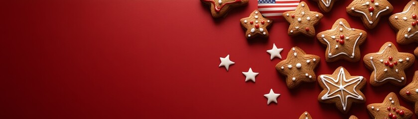 Festive 3D Gingerbread Cookies with American Flag on Red Background Banner, Modern Illustration with Copy Space