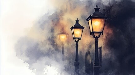 Watercolor painting of street lamps glowing in a foggy night.