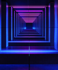 Obraz premium row of cubes arranged in perfect symmetry, stretching into the distance, glowing edges under neon lighting