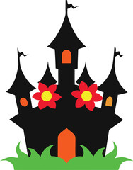 Haunted Castle Silhouette with Floral Designs Vector Illustration for Dark Themes
