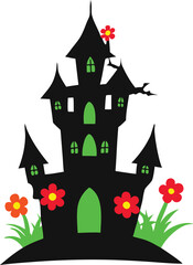 Vector Illustration of a Creepy Castle Silhouette Surrounded by Elegant Florals
