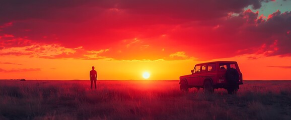 Fototapeta premium A silhouette of a man standing in a field with a car in the background and a sunset.